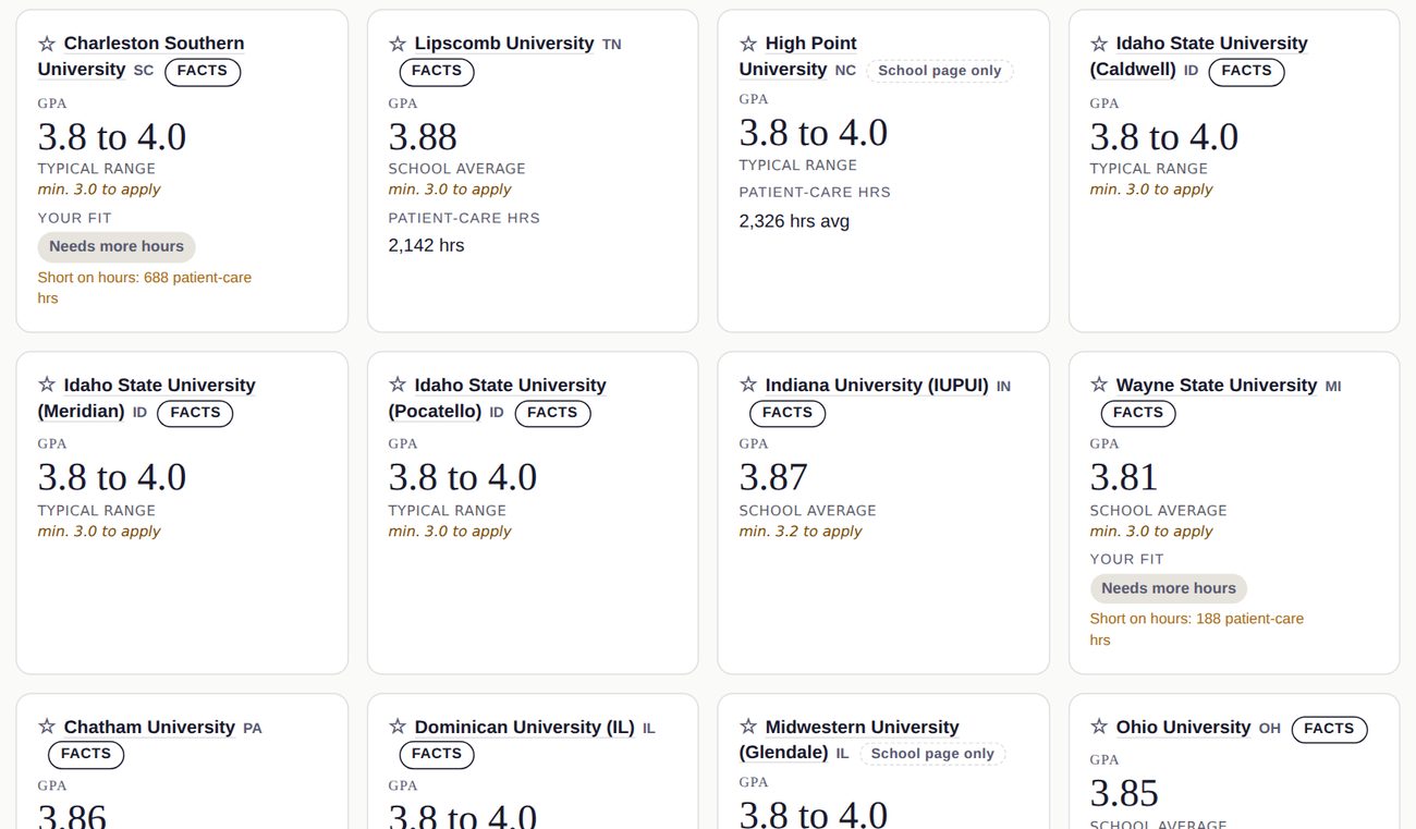 Pre-Health Match comparing programs side by side